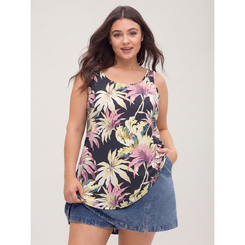 Tommy Bahama Silk Stretch Tropical Floral Tank Top Large L Navy Pink Palm Print
